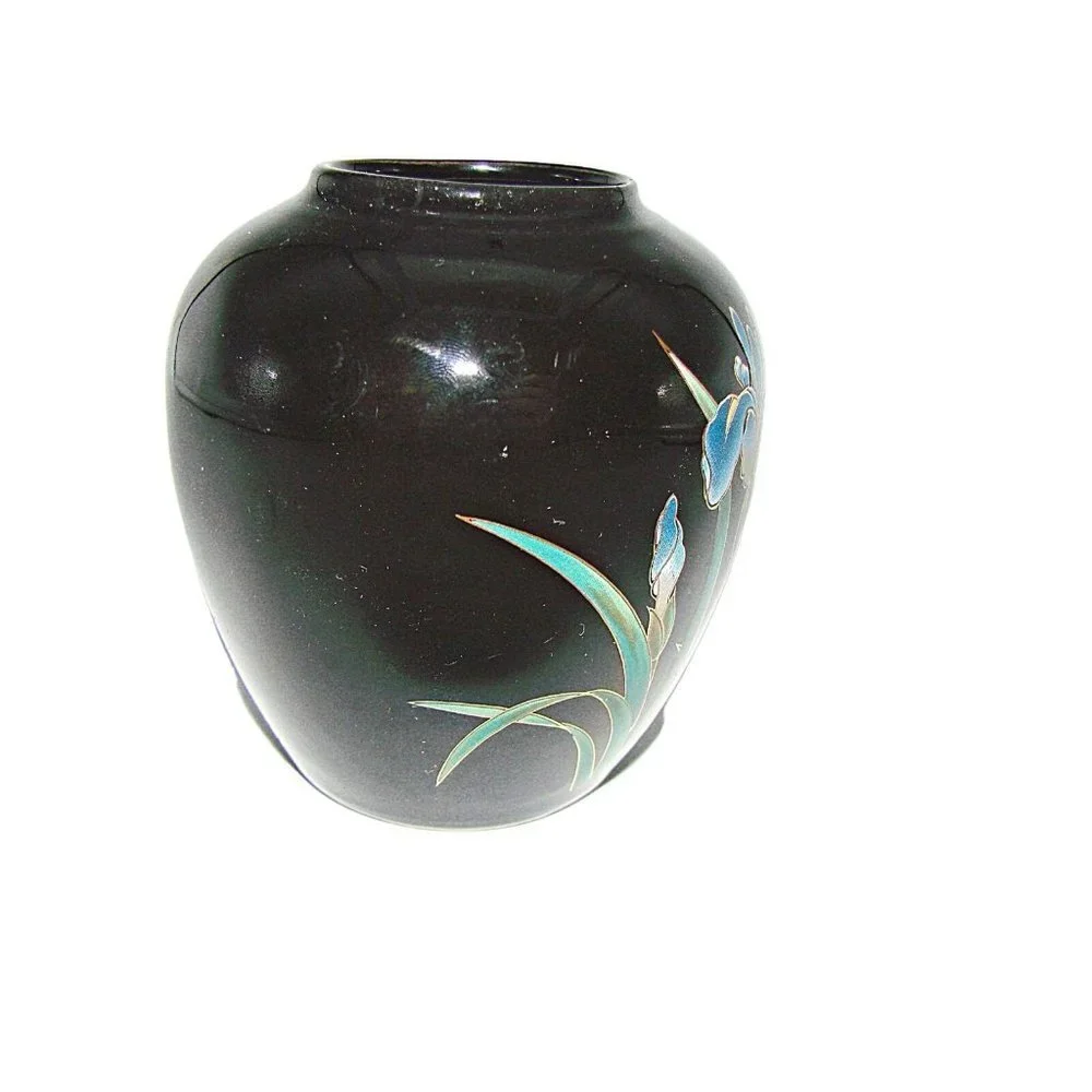 San Francisco Black Onyx Trinket Jar Vase Floral Hand Painted Decorative Flower